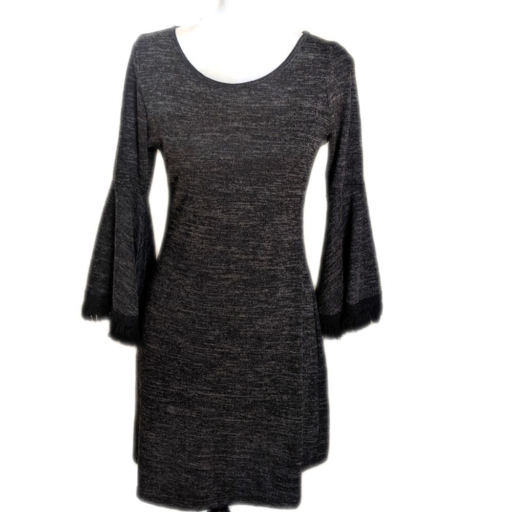 Altar'd State grey heather soft & stretchy dress, bell sleeves w/ black fringe M